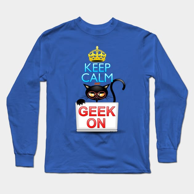 Keep Calm and Geek on! Cartoon Cat Long Sleeve T-Shirt by BluedarkArt